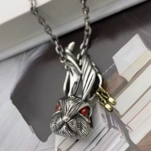 Punk Rock Rabbit- Bunny Hare Red Garnet Eyes Pierced Ears Animal Silver Necklace - Picture 6 of 16